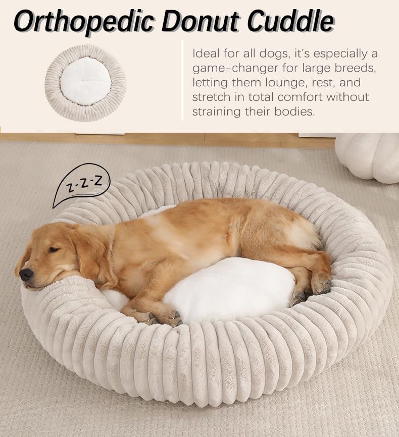 31.5“ Calming Dog Bed for Large Dog-Donut Dog Bed – Faux Rabbit Fur + Shredded Memory Foam & Polyester Fill, Ultra-Comfort Calming Round Pet Bed for Medium/Large Dogs, Easy Care