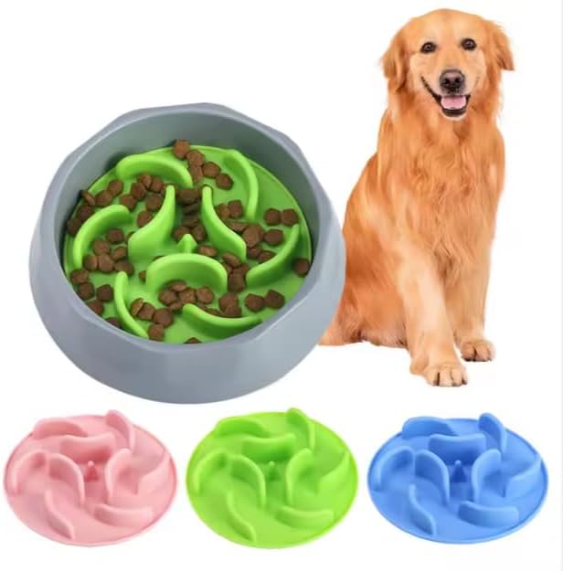 2 in 1 Slow Feed Dog Bowl with Anti-Choking Design, 7.5 Inch Pet Food Dish, Pink, Blue, Green (Blue)