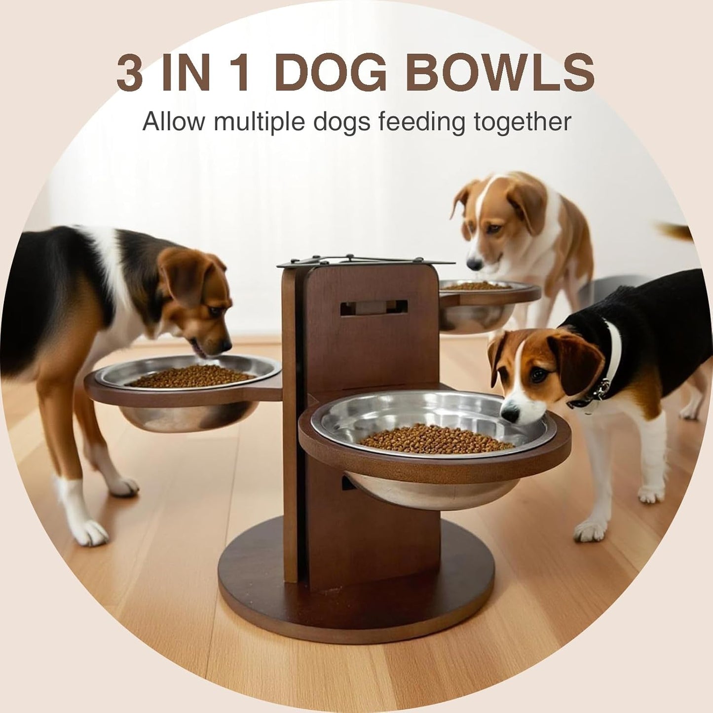 Adjustable Elevated Dog Bowl Stand (3.6"/6.3"/9.2") with 3 Stainless Steel Bowls, 3 in 1 Bamboo Raised Dog Bowls Pet Feeding Station for Cats/Small/Medium Dogs
