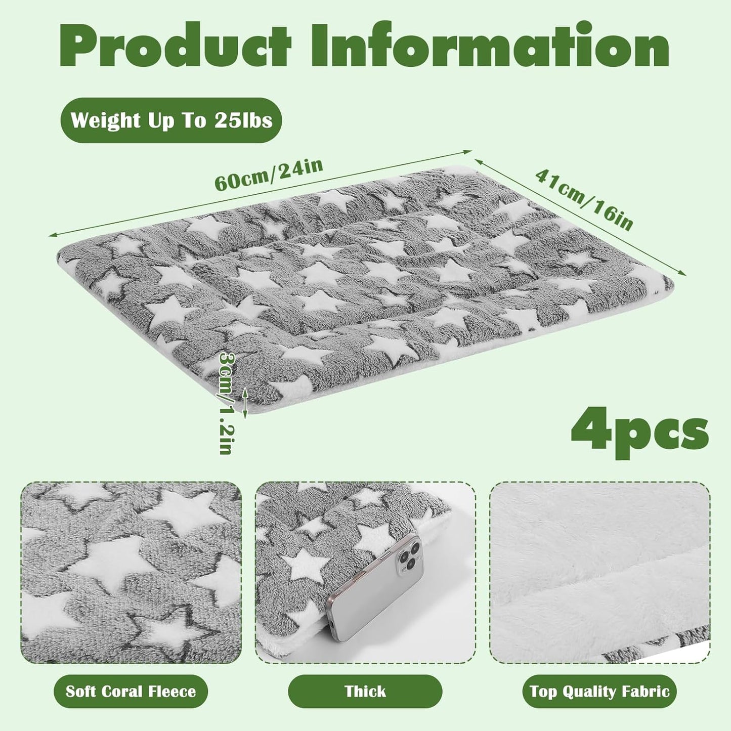 4 Pcs Dog Bed Mat Crate Pad Reversible Mat Machine Washable Bed Star Pet Sleeping Kennel Pad for Crate for Small, Medium, Large Dog(16 x 24 x 1.2 Inch,Gray)