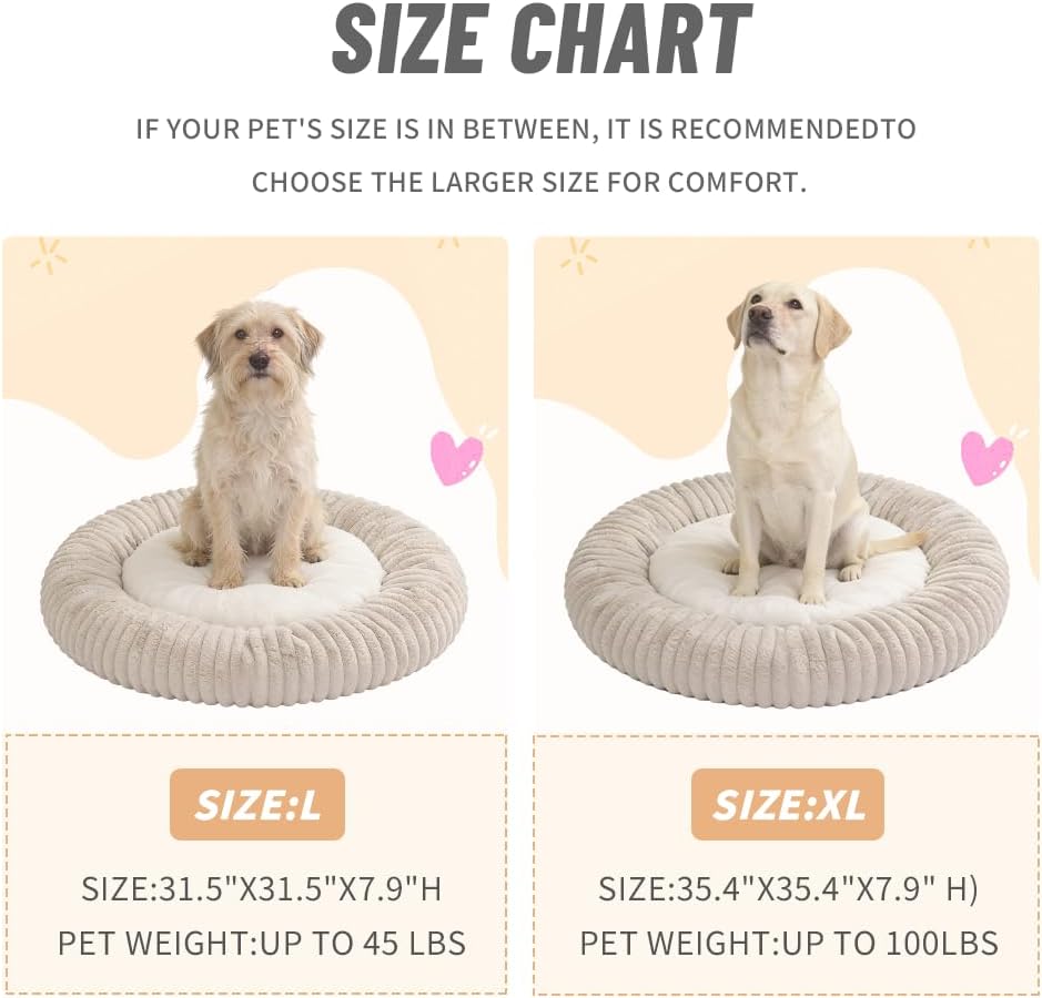 31.5“ Calming Dog Bed for Large Dog-Donut Dog Bed – Faux Rabbit Fur + Shredded Memory Foam & Polyester Fill, Ultra-Comfort Calming Round Pet Bed for Medium/Large Dogs, Easy Care