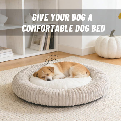 31.5“ Calming Dog Bed for Large Dog-Donut Dog Bed – Faux Rabbit Fur + Shredded Memory Foam & Polyester Fill, Ultra-Comfort Calming Round Pet Bed for Medium/Large Dogs, Easy Care