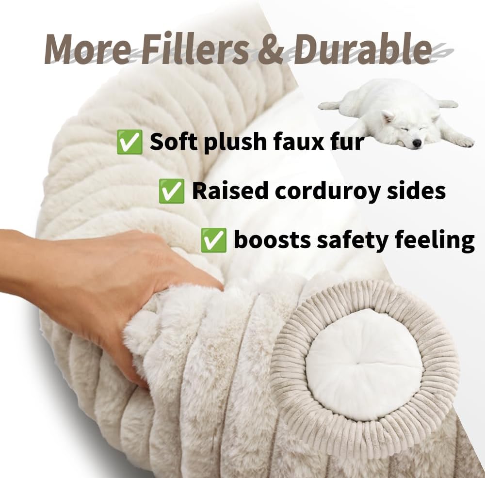 31.5“ Calming Dog Bed for Large Dog-Donut Dog Bed – Faux Rabbit Fur + Shredded Memory Foam & Polyester Fill, Ultra-Comfort Calming Round Pet Bed for Medium/Large Dogs, Easy Care