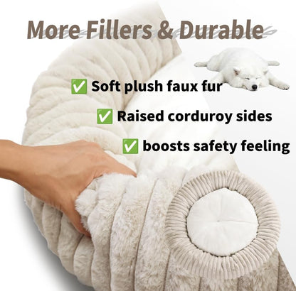 31.5“ Calming Dog Bed for Large Dog-Donut Dog Bed – Faux Rabbit Fur + Shredded Memory Foam & Polyester Fill, Ultra-Comfort Calming Round Pet Bed for Medium/Large Dogs, Easy Care