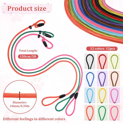 12pcs Slip Leads Dog Leash Heavy Duty Rope Leash for Small Medium Dogs, 5FT Classic Dog Leashes Strong Nylon Dogs Training Leashes Strong Comfortable Loop Leashs (12 Colors, 3/8")