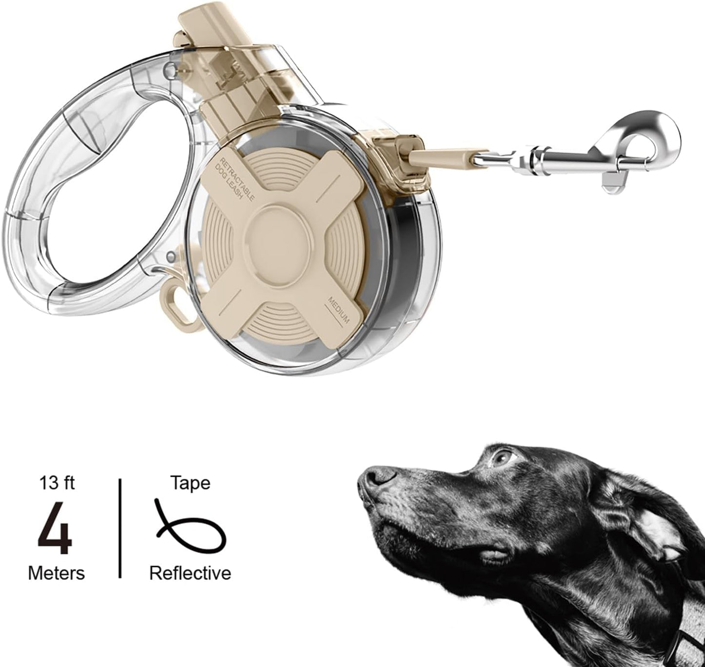 13 Ft Retractable Dog Leash, a Leash for Small Medium Dogs, Suitable for Dogs Weighing up to 44 lbs, One Handed Braking Device, Sturdy Nylon Strap to Avoid Entanglement (Beige)