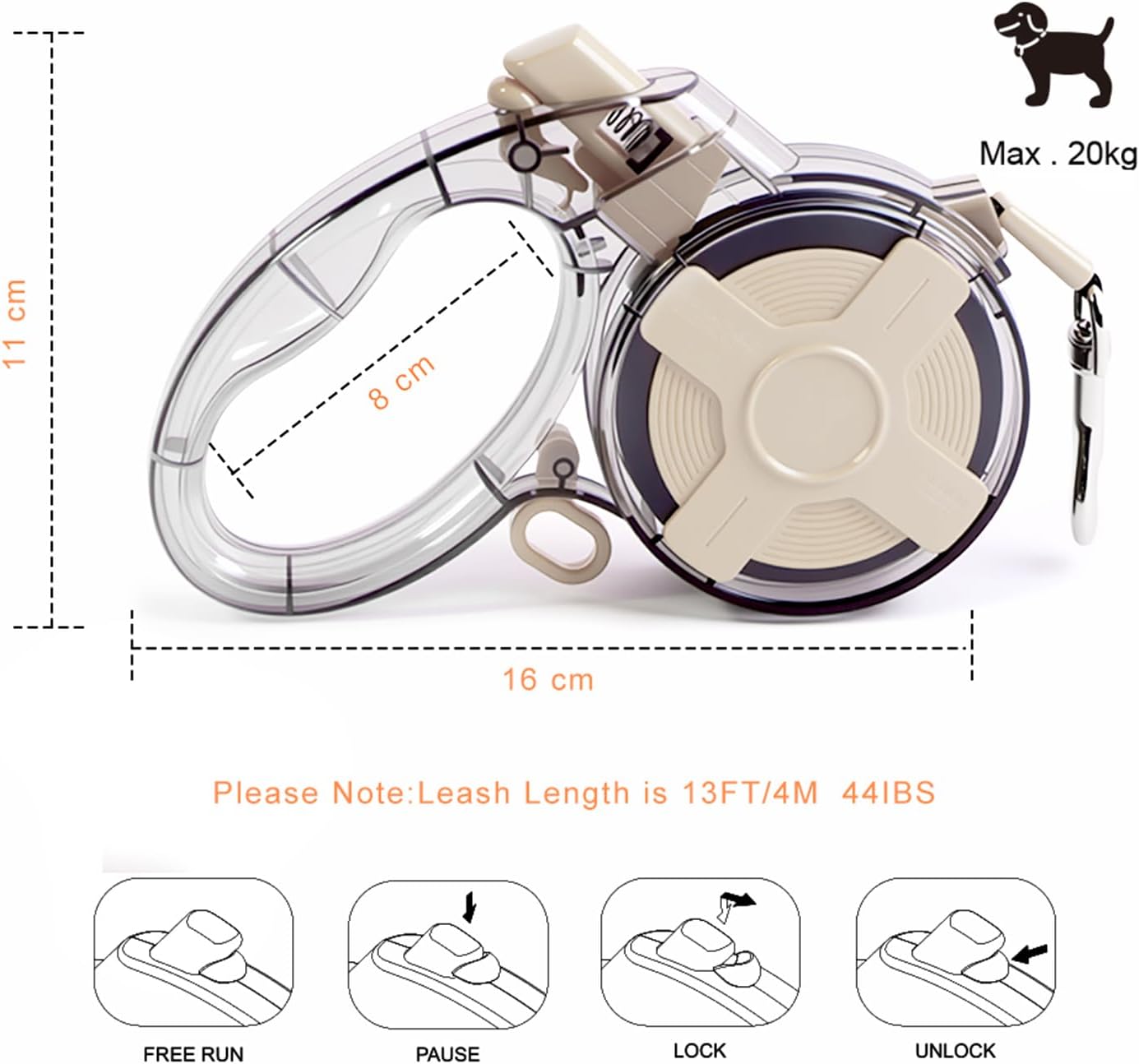 13 Ft Retractable Dog Leash, a Leash for Small Medium Dogs, Suitable for Dogs Weighing up to 44 lbs, One Handed Braking Device, Sturdy Nylon Strap to Avoid Entanglement (Beige)
