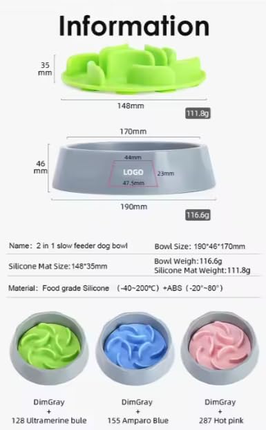 2 in 1 Slow Feed Dog Bowl with Anti-Choking Design, 7.5 Inch Pet Food Dish, Pink, Blue, Green (Blue)