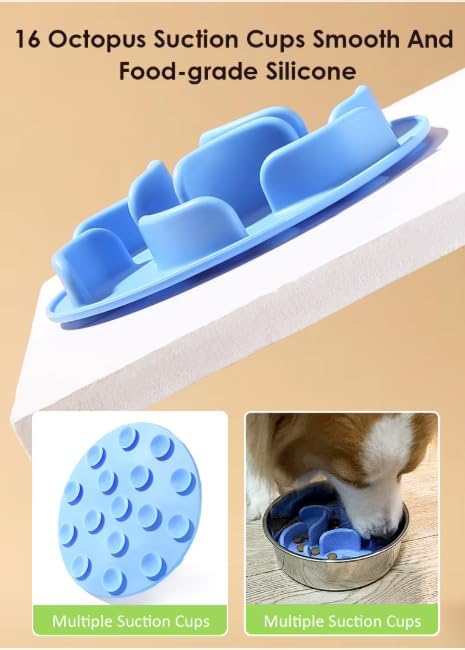2 in 1 Slow Feed Dog Bowl with Anti-Choking Design, 7.5 Inch Pet Food Dish, Pink, Blue, Green (Blue)