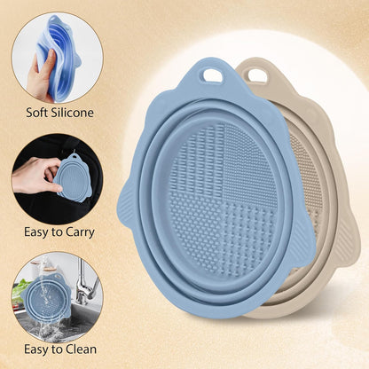 2-Pack Collapsible Silicone Dog Bowl,13oz Portable Pet Food & Water Dish, Travel Bowl with Non-Slip Textured Base (Lick Mat Feature) for Peanut Butter, Yogurt - Foldable Ivory&Blue