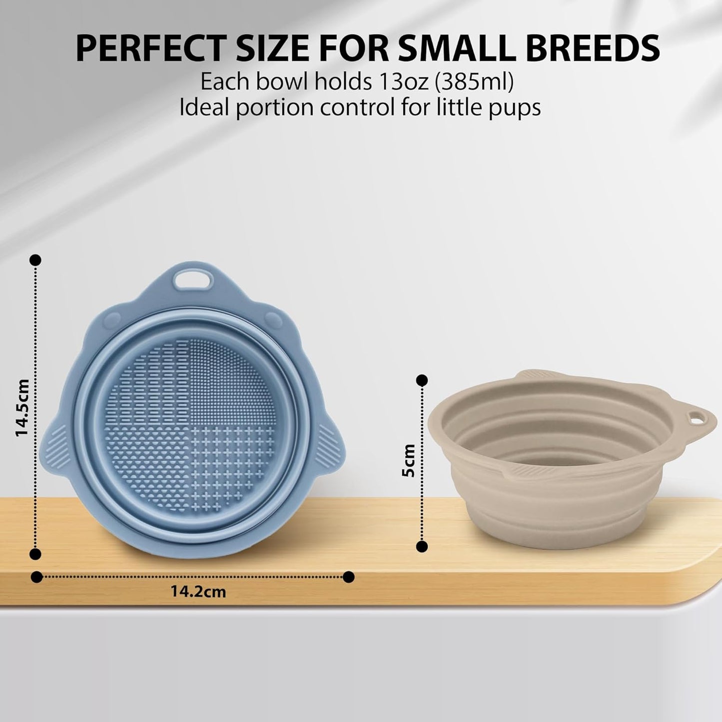 2-Pack Collapsible Silicone Dog Bowl,13oz Portable Pet Food & Water Dish, Travel Bowl with Non-Slip Textured Base (Lick Mat Feature) for Peanut Butter, Yogurt - Foldable Ivory&Blue
