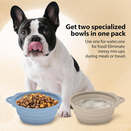 2-Pack Collapsible Silicone Dog Bowl,13oz Portable Pet Food & Water Dish, Travel Bowl with Non-Slip Textured Base (Lick Mat Feature) for Peanut Butter, Yogurt - Foldable Ivory&Blue