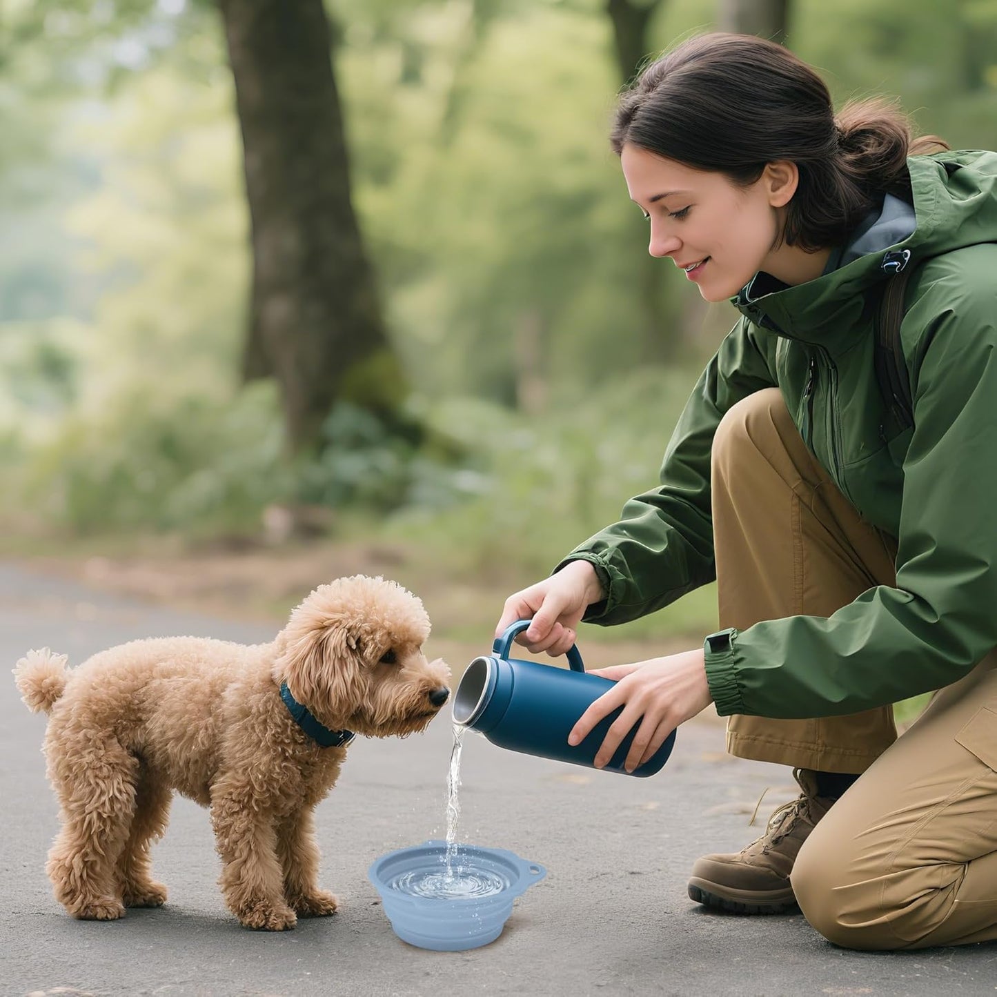 2-Pack Collapsible Silicone Dog Bowl,13oz Portable Pet Food & Water Dish, Travel Bowl with Non-Slip Textured Base (Lick Mat Feature) for Peanut Butter, Yogurt - Foldable Ivory&Blue