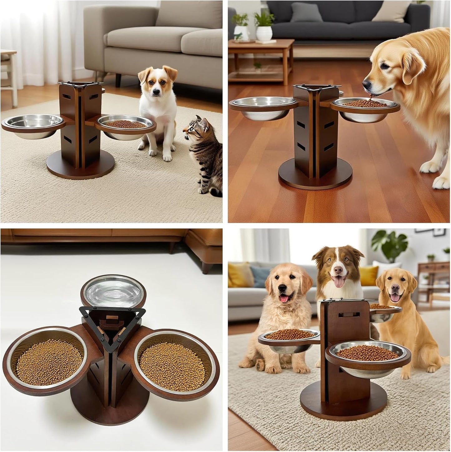 Adjustable Elevated Dog Bowl Stand (3.6"/6.3"/9.2") with 3 Stainless Steel Bowls, 3 in 1 Bamboo Raised Dog Bowls Pet Feeding Station for Cats/Small/Medium Dogs