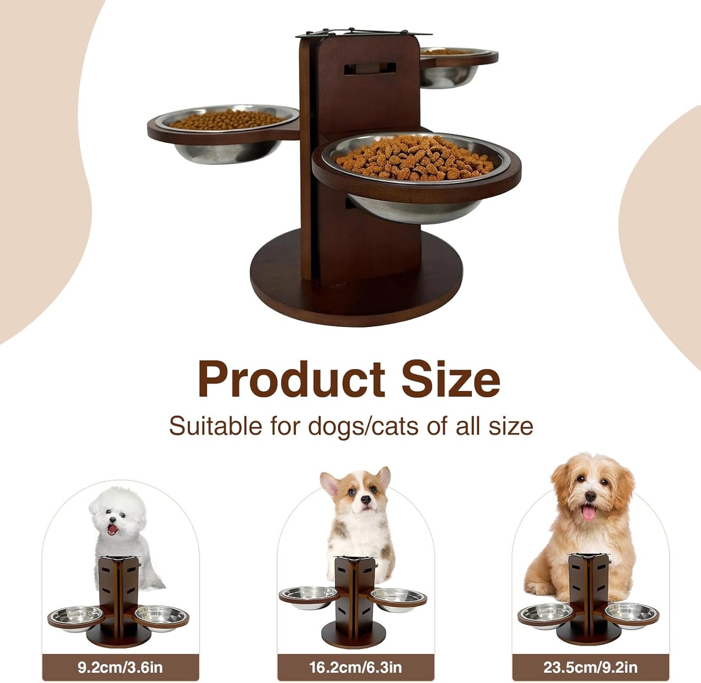 Adjustable Elevated Dog Bowl Stand (3.6"/6.3"/9.2") with 3 Stainless Steel Bowls, 3 in 1 Bamboo Raised Dog Bowls Pet Feeding Station for Cats/Small/Medium Dogs