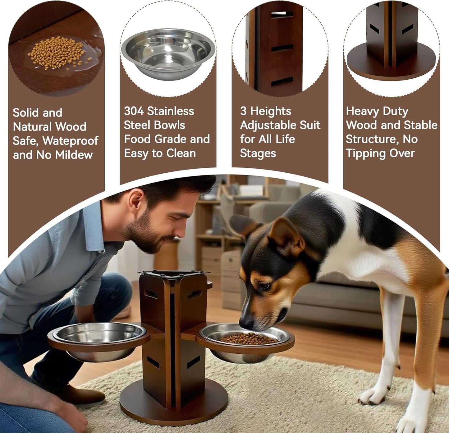 Adjustable Elevated Dog Bowl Stand (3.6"/6.3"/9.2") with 3 Stainless Steel Bowls, 3 in 1 Bamboo Raised Dog Bowls Pet Feeding Station for Cats/Small/Medium Dogs