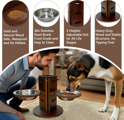 Adjustable Elevated Dog Bowl Stand (3.6"/6.3"/9.2") with 3 Stainless Steel Bowls, 3 in 1 Bamboo Raised Dog Bowls Pet Feeding Station for Cats/Small/Medium Dogs
