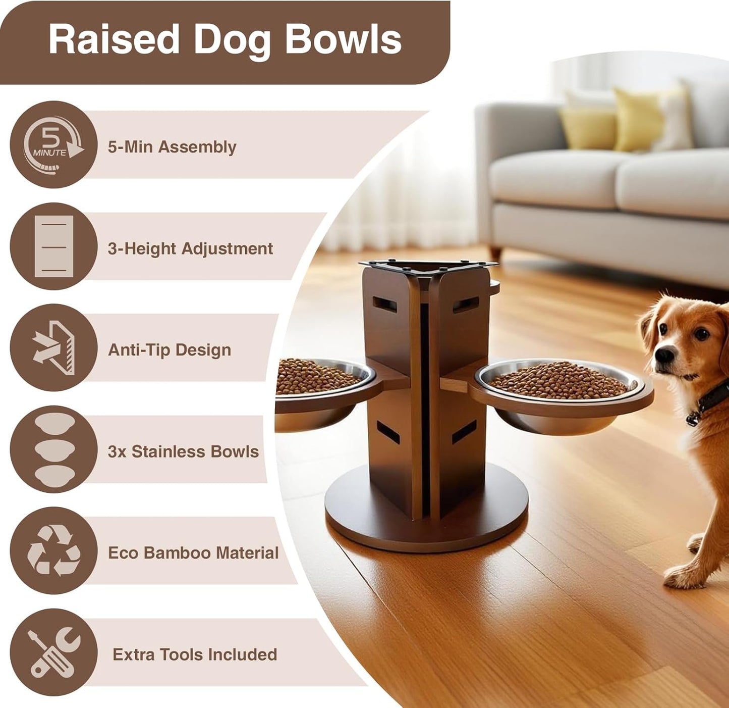 Adjustable Elevated Dog Bowl Stand (3.6"/6.3"/9.2") with 3 Stainless Steel Bowls, 3 in 1 Bamboo Raised Dog Bowls Pet Feeding Station for Cats/Small/Medium Dogs