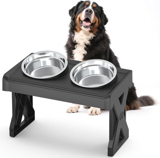 Adjustable Elevated Dog Bowl, 3-Height Stand (2.8, 8.1, 12.2 inch) for Large/Small Dogs, 2 Stainless Steel Bowls, Foldable & Portable Raised Feeder for Travel, Joint Care