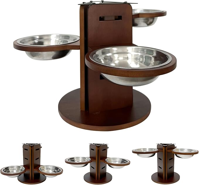 Adjustable Elevated Dog Bowl Stand (3.6"/6.3"/9.2") with 3 Stainless Steel Bowls, 3 in 1 Bamboo Raised Dog Bowls Pet Feeding Station for Cats/Small/Medium Dogs