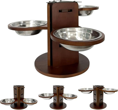 Adjustable Elevated Dog Bowl Stand (3.6"/6.3"/9.2") with 3 Stainless Steel Bowls, 3 in 1 Bamboo Raised Dog Bowls Pet Feeding Station for Cats/Small/Medium Dogs