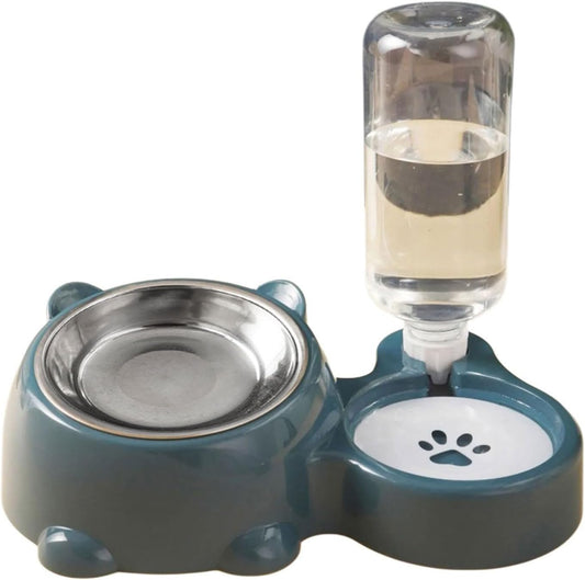 2 in 1 Elevated Cat Dog Bowl Set, Automatic Water Dispenser, Self Feeding Cat Food Dispenser, Leak Resistant Drinking Bottle Detachable Metal Feeder Dish Space Saving Design