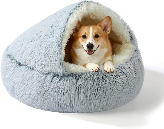 Calming Dog Bed Fluffy Plush Pet Bed Under 20 Pound，Large Cave Bed Washable Non-Slip Cat Nest Pod Windproof，Cozy Indoor Cave for Kitten Dog Non-Slip Bottom (M-25.6in)