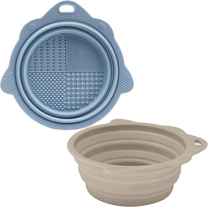 2-Pack Collapsible Silicone Dog Bowl,13oz Portable Pet Food & Water Dish, Travel Bowl with Non-Slip Textured Base (Lick Mat Feature) for Peanut Butter, Yogurt - Foldable Ivory&Blue