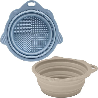 2-Pack Collapsible Silicone Dog Bowl,13oz Portable Pet Food & Water Dish, Travel Bowl with Non-Slip Textured Base (Lick Mat Feature) for Peanut Butter, Yogurt - Foldable Ivory&Blue