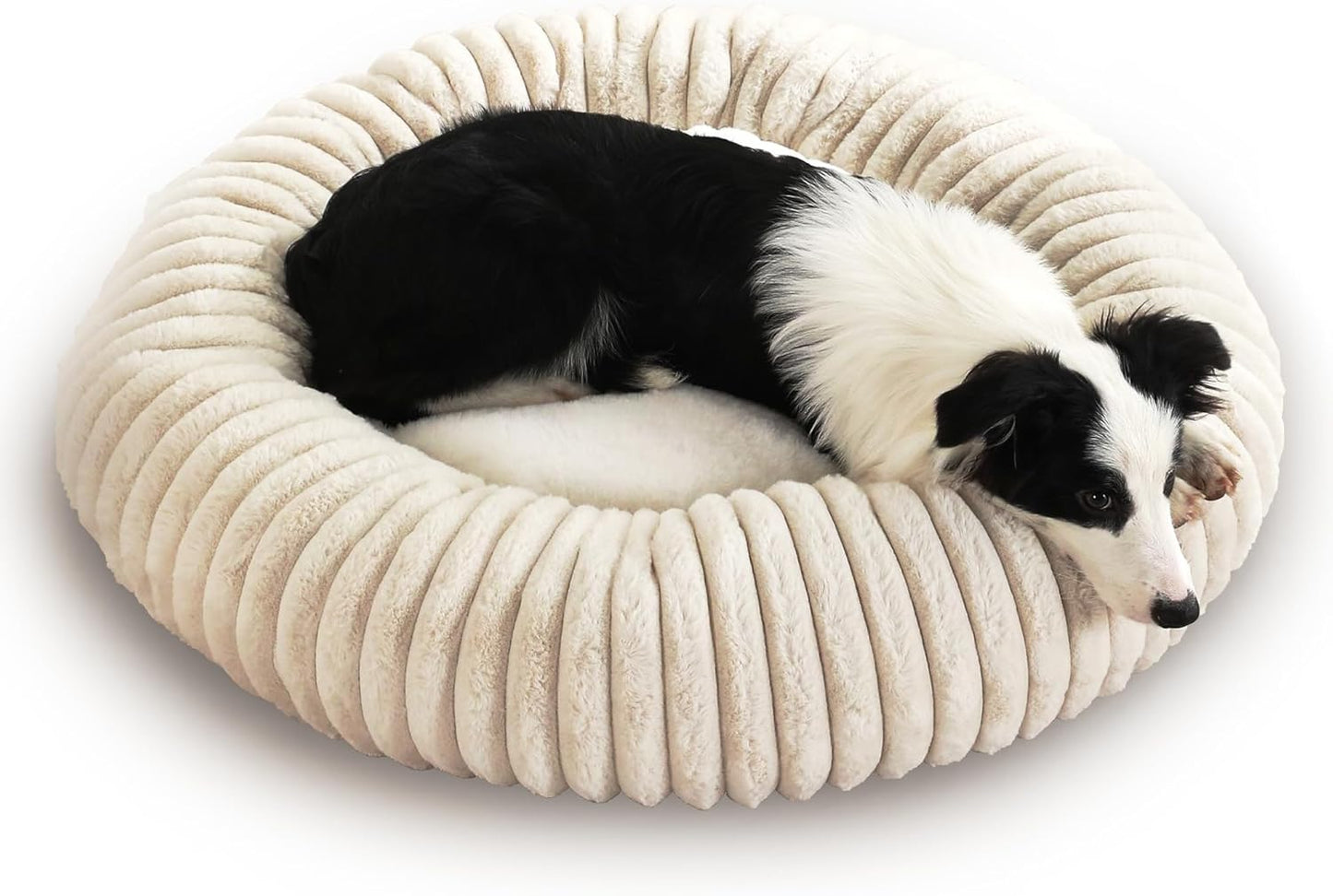 31.5“ Calming Dog Bed for Large Dog-Donut Dog Bed – Faux Rabbit Fur + Shredded Memory Foam & Polyester Fill, Ultra-Comfort Calming Round Pet Bed for Medium/Large Dogs, Easy Care