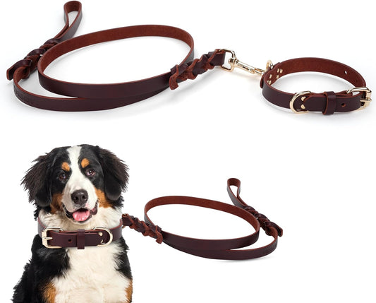 100% Real Leather Dog Collar and Leash Set, Premium Adjustable Fit with Durable Buckle, Stylish Comfort for Dogs (Small)
