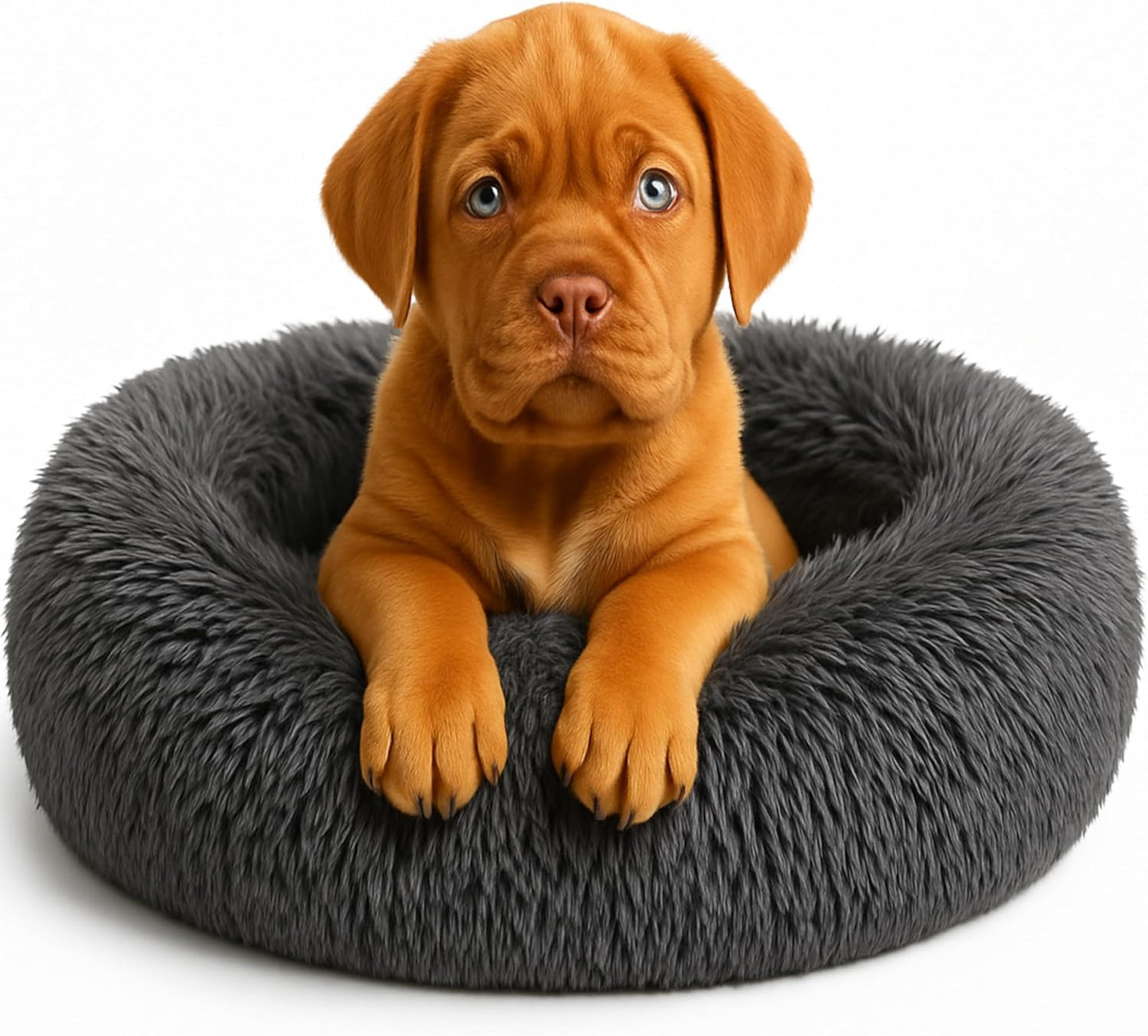Calming Dog Bed - Fluffy Donut Cuddler for Anxiety Relief, Orthopedic Pet Bed with Non-Slip Bottom, Cozy Round Faux Fur Nest for Dogs and Cats, Plush Crate Mat for Comfort (Dark Grey, Large)