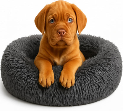 Calming Dog Bed - Fluffy Donut Cuddler for Anxiety Relief, Orthopedic Pet Bed with Non-Slip Bottom, Cozy Round Faux Fur Nest for Dogs and Cats, Plush Crate Mat for Comfort (Dark Grey, Large)