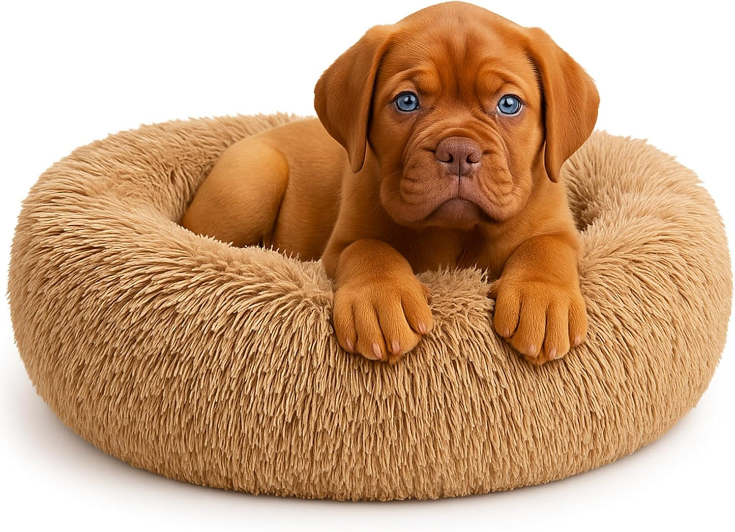 Calming Dog Bed - Fluffy Donut Cuddler for Anxiety Relief, Orthopedic Pet Bed with Non-Slip Bottom, Cozy Round Faux Fur Nest for Dogs and Cats, Plush Crate Mat for Comfort (Dark Grey, Large)