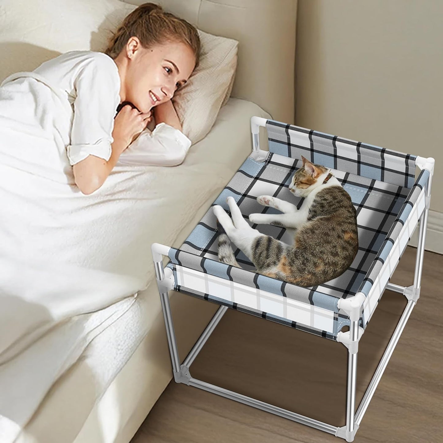 Bedside Window Pet Cat Bed - Dog Bed with Guardrail Extension Attached to Human Bed Height Elevated Dogs Cats Window Perch Bedside Dog Cot Sleeper Hammock Furniture Pet Beds (20'' x 20'' x 24'')