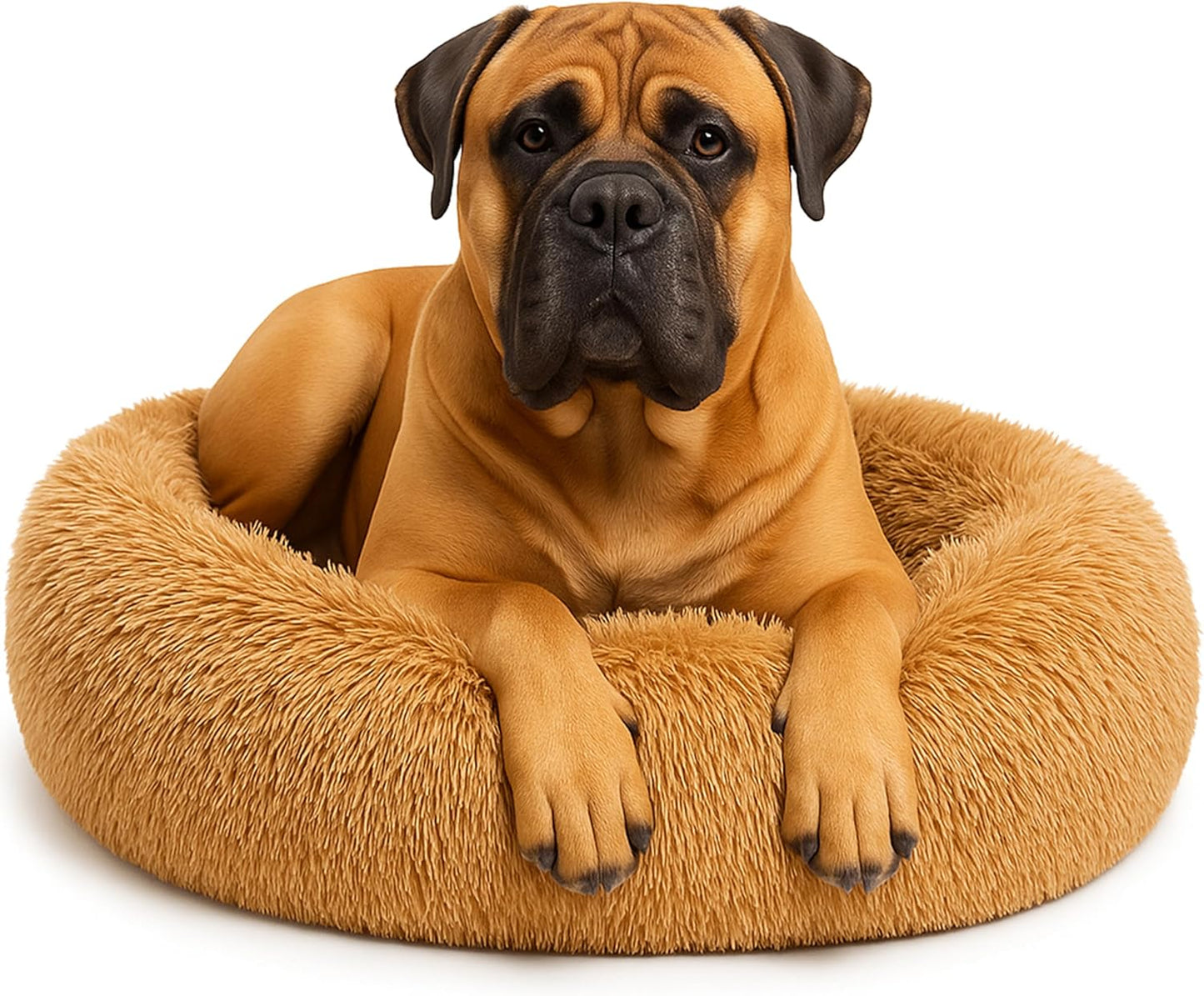 Calming Dog Bed - Fluffy Donut Cuddler for Anxiety Relief, Orthopedic Pet Bed with Non-Slip Bottom, Cozy Round Faux Fur Nest for Dogs and Cats, Plush Crate Mat for Comfort (Dark Grey, Large)