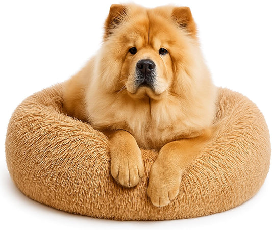 Calming Dog Bed - Fluffy Donut Cuddler for Anxiety Relief, Orthopedic Pet Bed with Non-Slip Bottom, Cozy Round Faux Fur Nest for Dogs and Cats, Plush Crate Mat for Comfort (Dark Grey, Large)