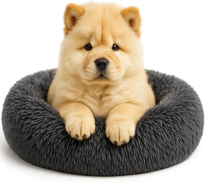 Calming Dog Bed - Fluffy Donut Cuddler for Anxiety Relief, Orthopedic Pet Bed with Non-Slip Bottom, Cozy Round Faux Fur Nest for Dogs and Cats, Plush Crate Mat for Comfort (Dark Grey, Large)
