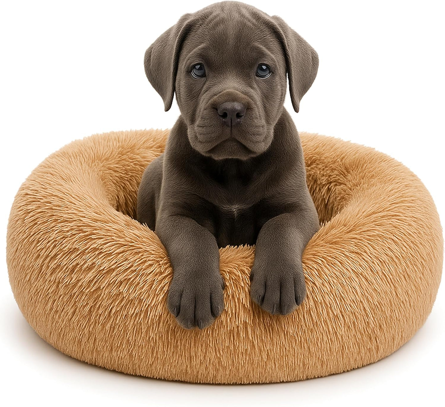 Calming Dog Bed - Fluffy Donut Cuddler for Anxiety Relief, Orthopedic Pet Bed with Non-Slip Bottom, Cozy Round Faux Fur Nest for Dogs and Cats, Plush Crate Mat for Comfort (Dark Grey, Large)
