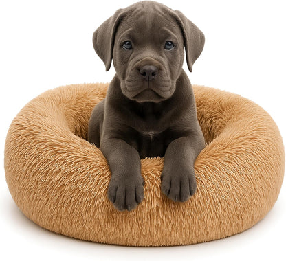 Calming Dog Bed - Fluffy Donut Cuddler for Anxiety Relief, Orthopedic Pet Bed with Non-Slip Bottom, Cozy Round Faux Fur Nest for Dogs and Cats, Plush Crate Mat for Comfort (Dark Grey, Large)