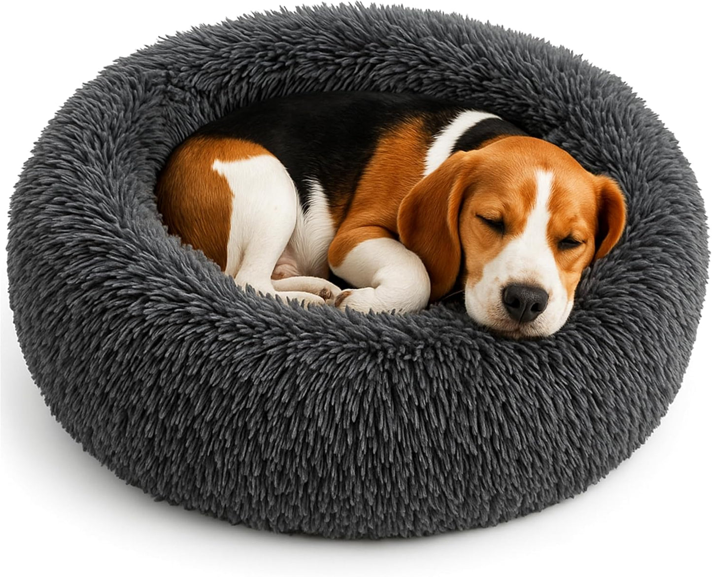 Calming Dog Bed - Fluffy Donut Cuddler for Anxiety Relief, Orthopedic Pet Bed with Non-Slip Bottom, Cozy Round Faux Fur Nest for Dogs and Cats, Plush Crate Mat for Comfort (Dark Grey, Large)