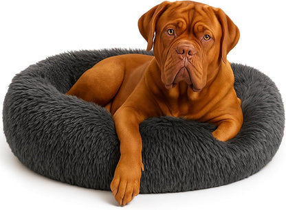 Calming Dog Bed - Fluffy Donut Cuddler for Anxiety Relief, Orthopedic Pet Bed with Non-Slip Bottom, Cozy Round Faux Fur Nest for Dogs and Cats, Plush Crate Mat for Comfort (Dark Grey, Large)