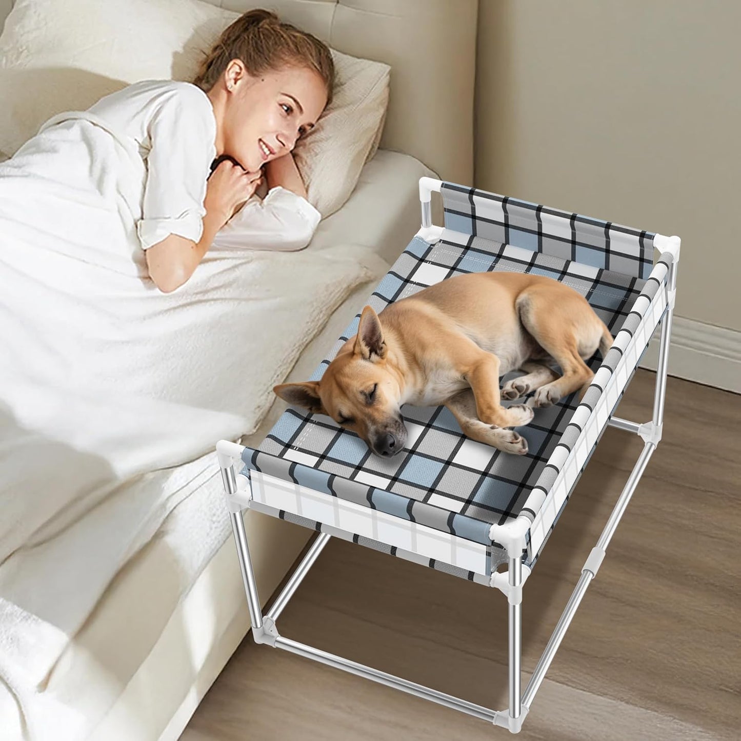 Bedside Window Pet Cat Bed - Dog Bed with Guardrail Extension Attached to Human Bed Height Elevated Dogs Cats Window Perch Bedside Dog Cot Sleeper Hammock Furniture Pet Beds (20'' x 20'' x 24'')