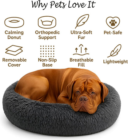 Calming Dog Bed - Fluffy Donut Cuddler for Anxiety Relief, Orthopedic Pet Bed with Non-Slip Bottom, Cozy Round Faux Fur Nest for Dogs and Cats, Plush Crate Mat for Comfort (Dark Grey, Large)