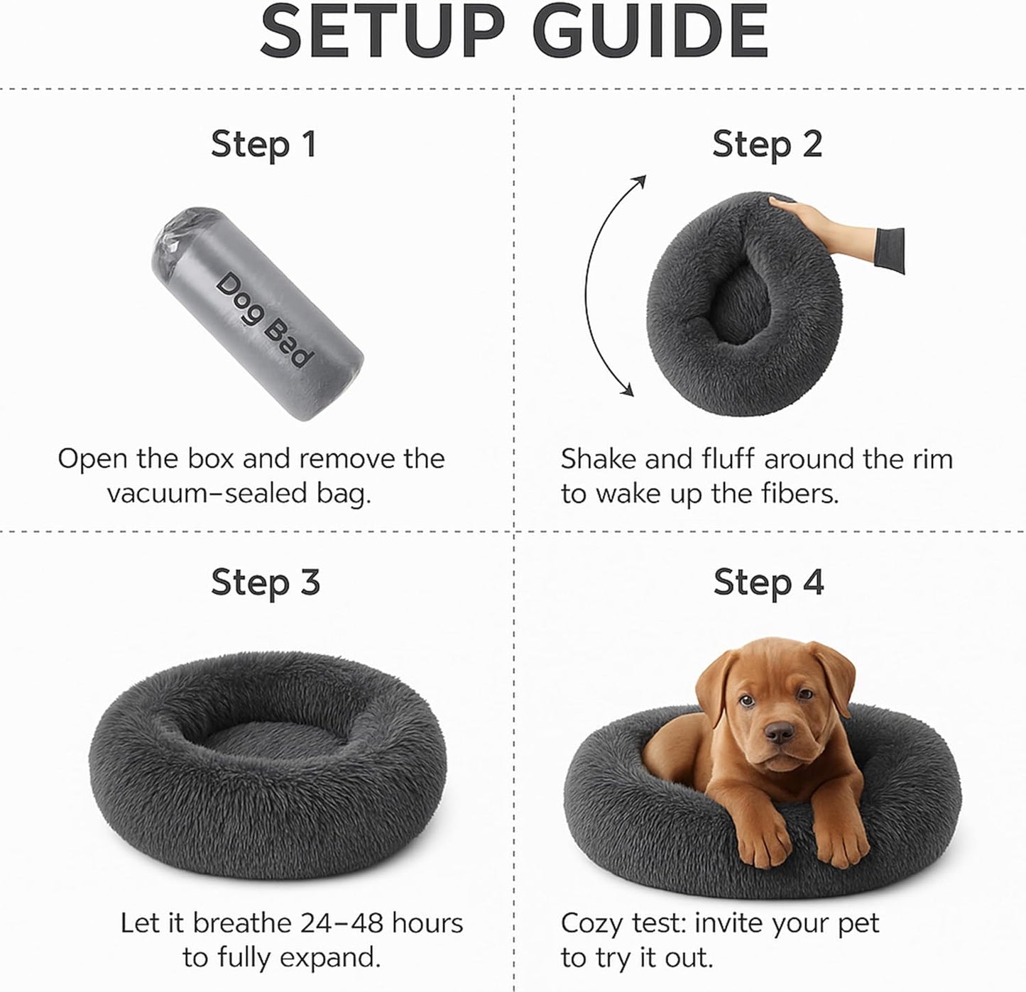 Calming Dog Bed - Fluffy Donut Cuddler for Anxiety Relief, Orthopedic Pet Bed with Non-Slip Bottom, Cozy Round Faux Fur Nest for Dogs and Cats, Plush Crate Mat for Comfort (Dark Grey, Large)