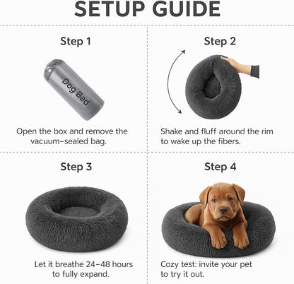 Calming Dog Bed - Fluffy Donut Cuddler for Anxiety Relief, Orthopedic Pet Bed with Non-Slip Bottom, Cozy Round Faux Fur Nest for Dogs and Cats, Plush Crate Mat for Comfort (Dark Grey, Large)