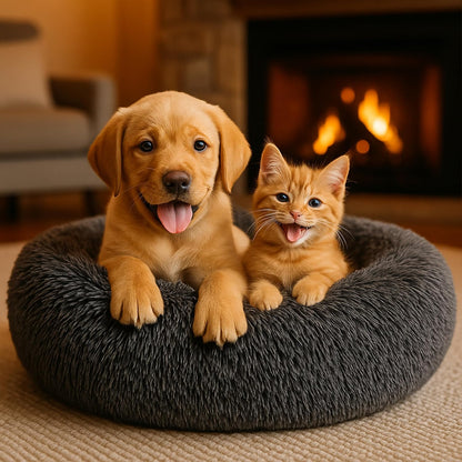 Calming Dog Bed - Fluffy Donut Cuddler for Anxiety Relief, Orthopedic Pet Bed with Non-Slip Bottom, Cozy Round Faux Fur Nest for Dogs and Cats, Plush Crate Mat for Comfort (Dark Grey, Large)